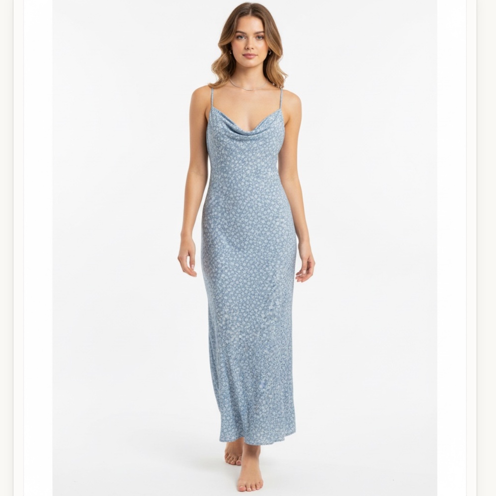 American Eagle Floral Maxi Dress Blue White Spaghetti‎ Strap Cowl Neck M